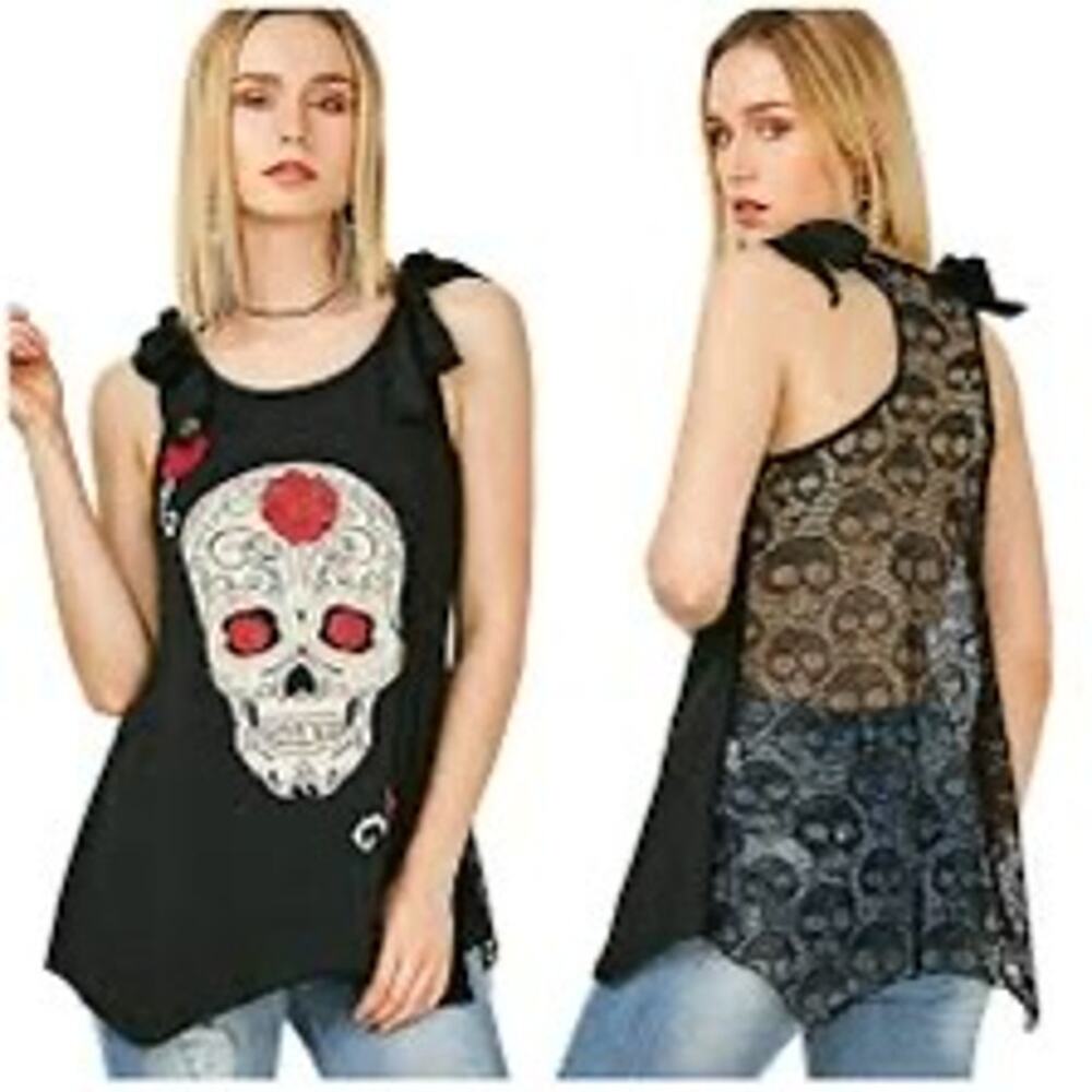 Jawbreaker Rockabilly Rose Sugar Skull Tank Top sz L lacy sheer whimsigoth rave